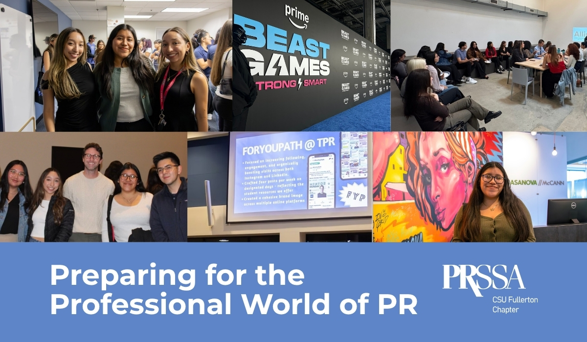 A collage of photos showing Dulce throughout her public relations journey — with peers, at internship sites, and during her time with PRSSA.